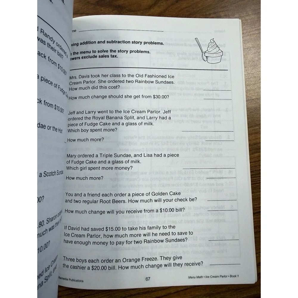 Menu‎ Math Old-Fashioned Ice Cream Parlor Grades 3-6 Workbook Remedia REM101A**